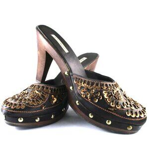Bamboo Clogs Brown Shoes Heels Bronze Sequins Studs Gold Fun Sparkly Pair Size 7